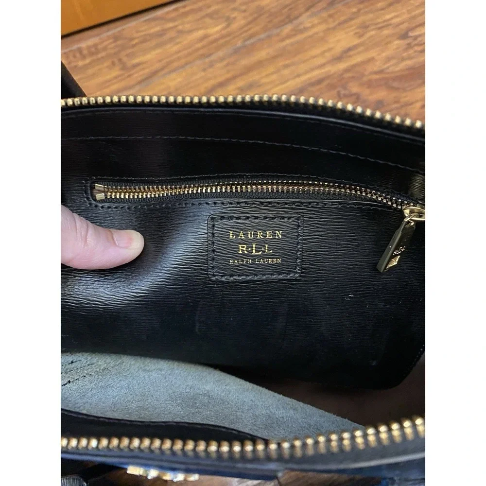 Lauren Ralph Lauren Purse Bag Satchel Black Leather Gold Monogram Zip Medium